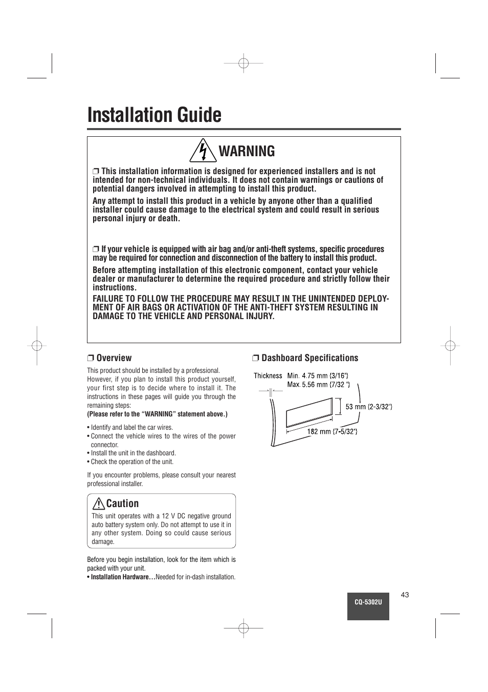 Installation guide, Warning | Panasonic CQ-5302U User Manual | Page 43 / 52