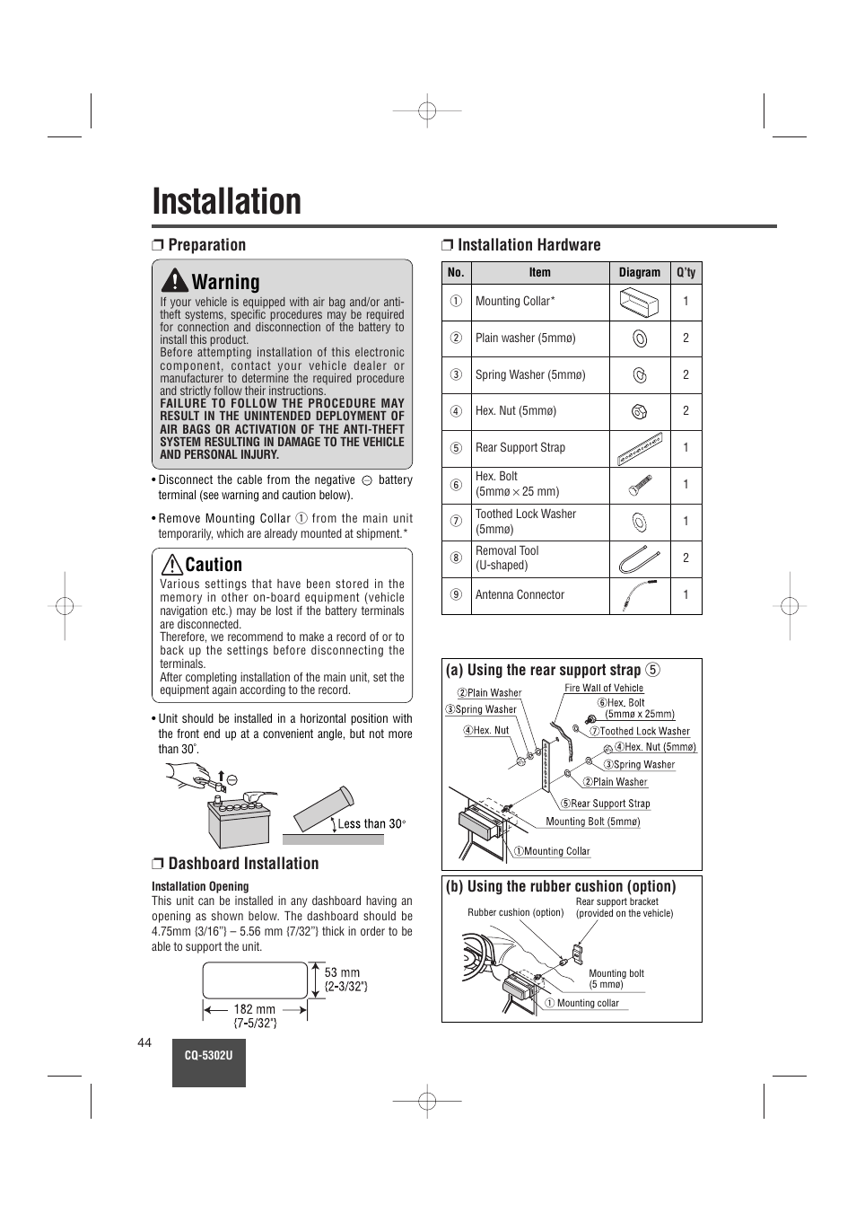 Installation, Warning, Caution | Preparation ❐ installation hardware, Dashboard installation | Panasonic CQ-5302U User Manual | Page 44 / 52