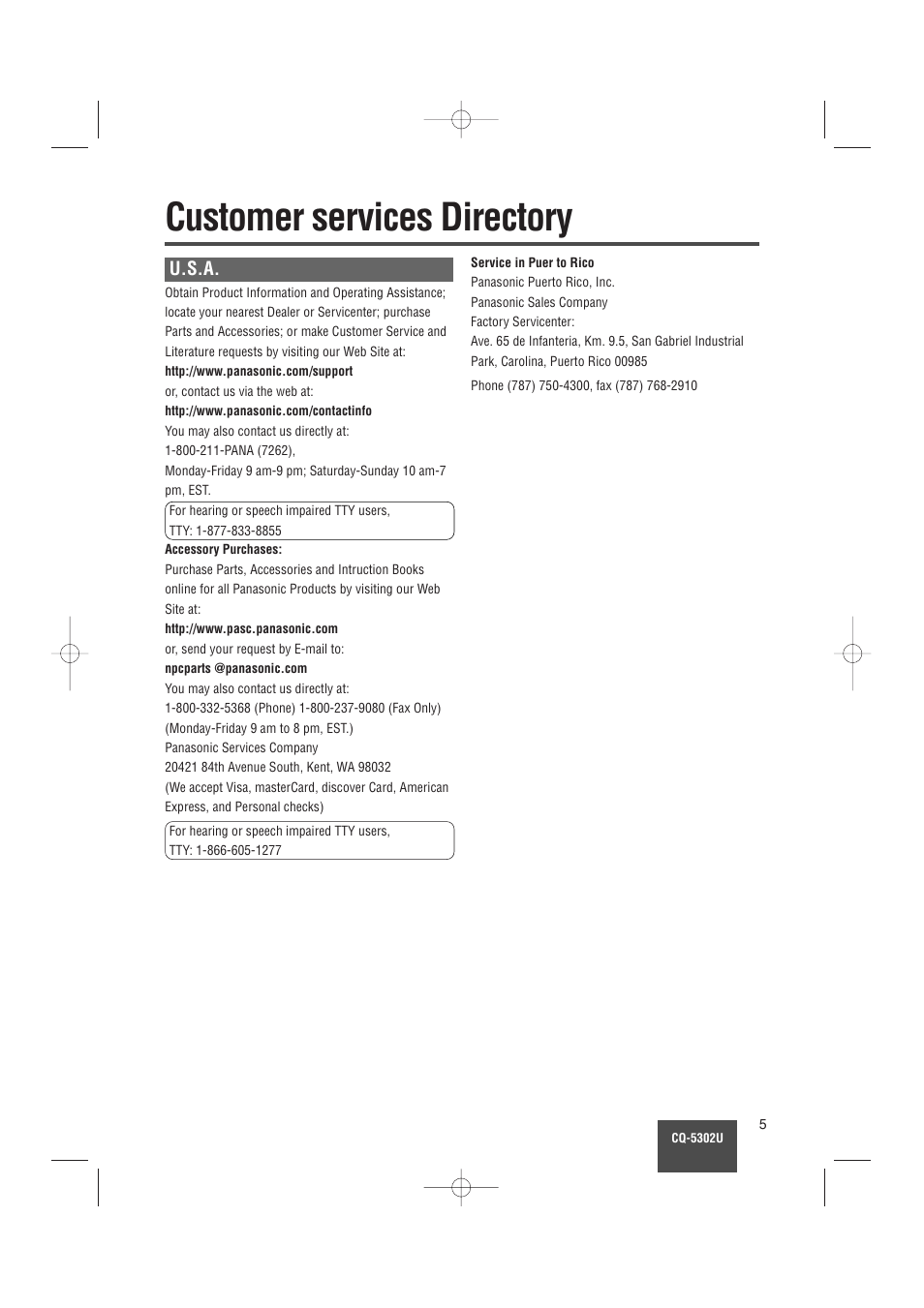 Customer services directory, Limited warranty, U.s.a | Panasonic CQ-5302U User Manual | Page 5 / 52