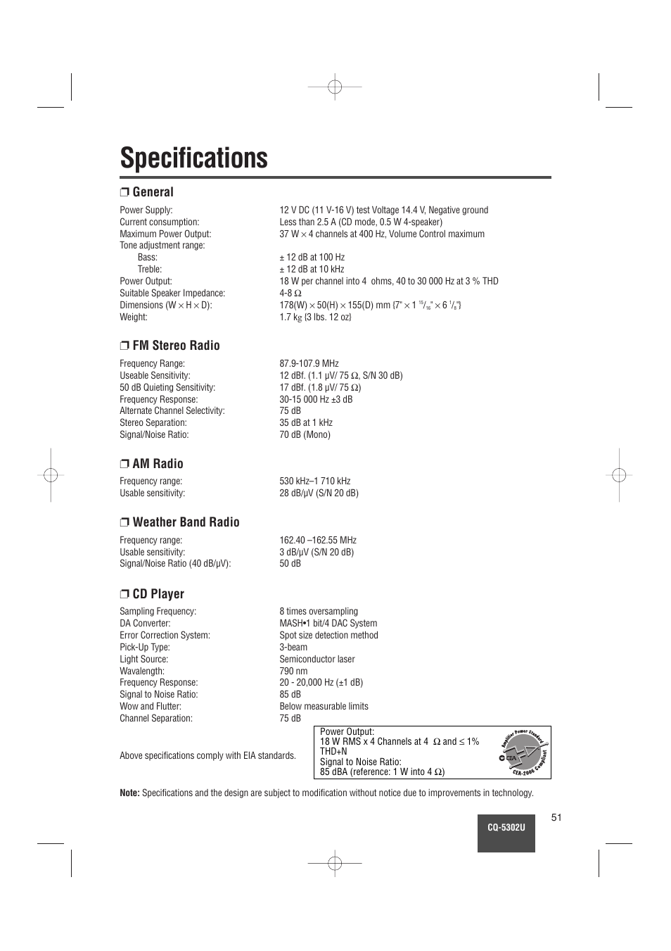 Specifications, General, Fm stereo radio | Am radio, Weather band radio, Cd player | Panasonic CQ-5302U User Manual | Page 51 / 52