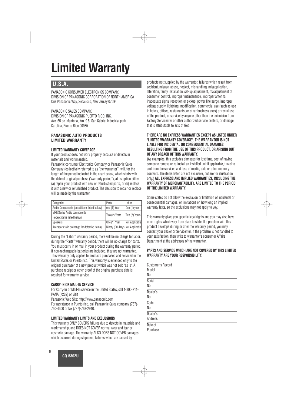 Limited warranty, U.s.a | Panasonic CQ-5302U User Manual | Page 6 / 52