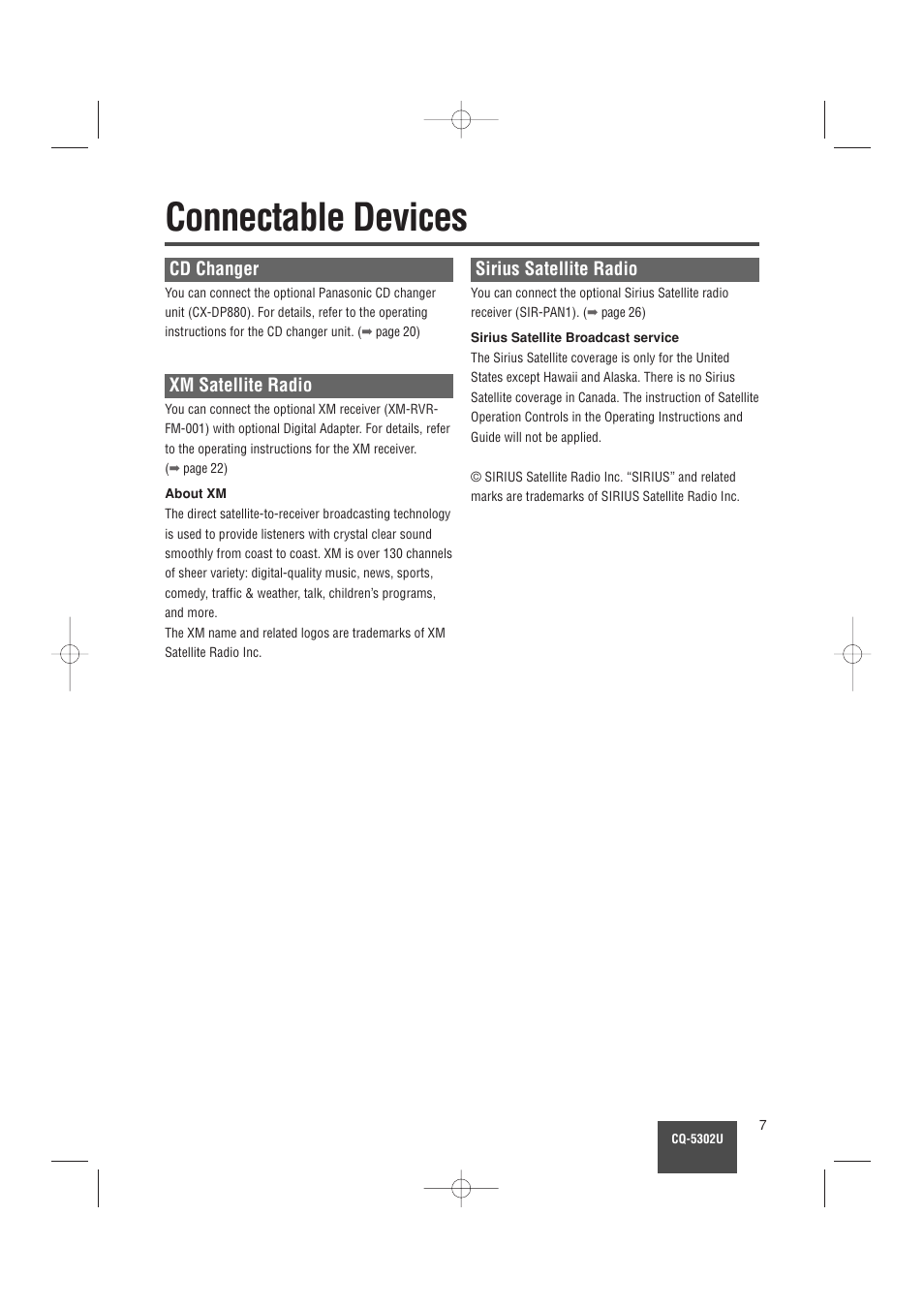 Connectable devices, Cd changer, Xm satellite radio | Sirius satellite radio | Panasonic CQ-5302U User Manual | Page 7 / 52