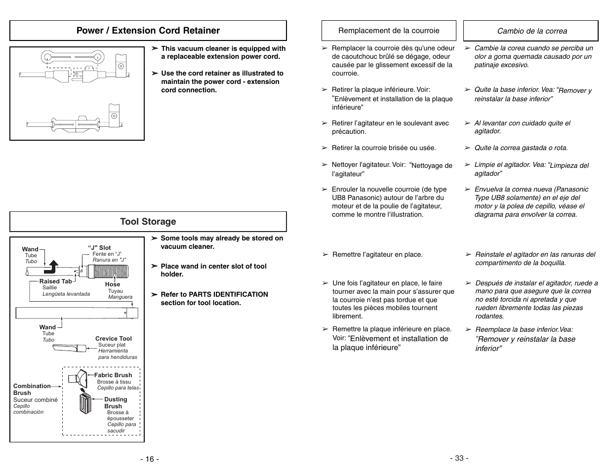 Power / extension cord retainer, Tool storage | Panasonic MC-GG773 User Manual | Page 16 / 48