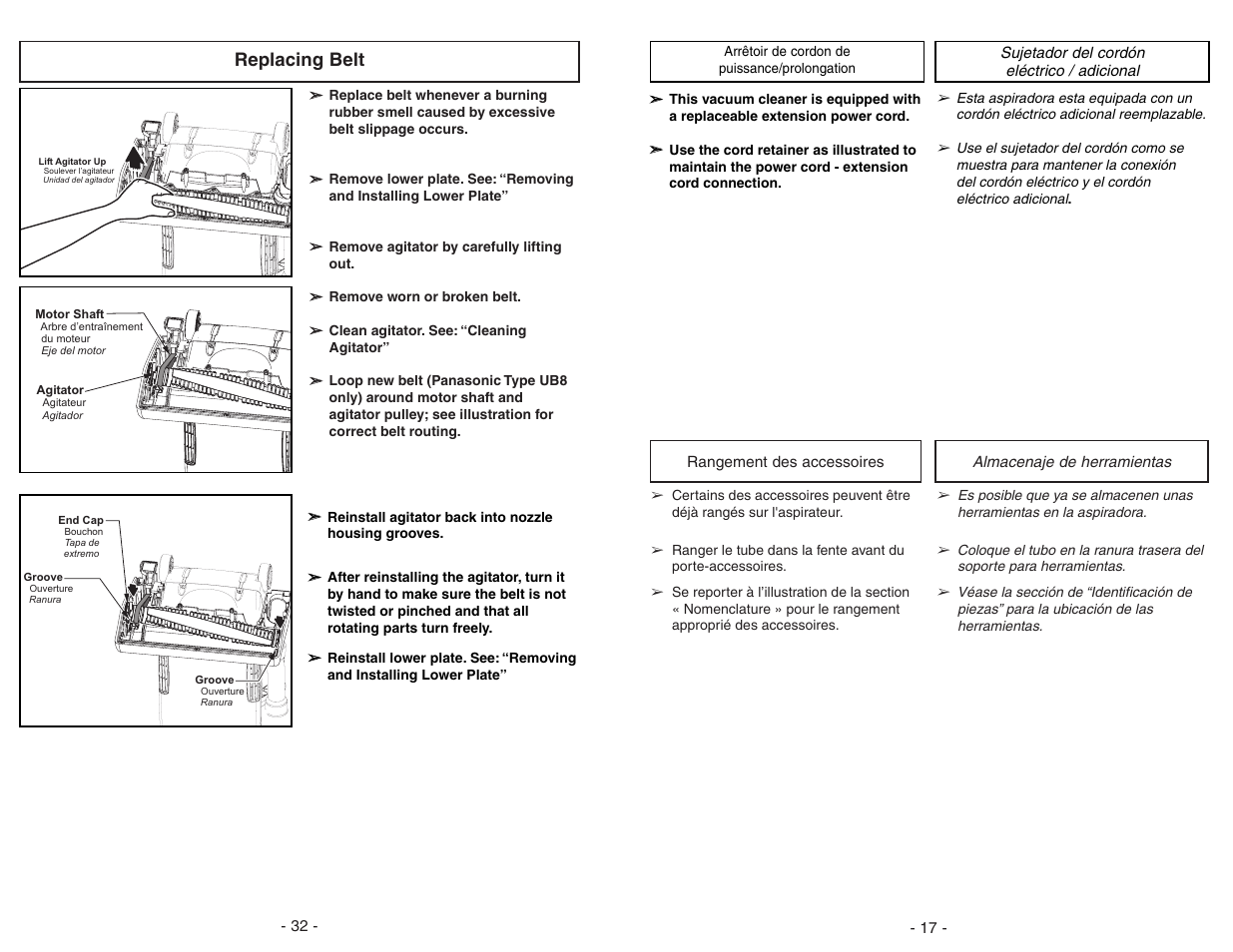 Arrêtoir de cordon de puissance/prolongation, Rangement des accessoires, Sujetador del cordón eléctrico / adicional | Almacenaje de herramientas, Replacing belt | Panasonic MC-GG773 User Manual | Page 17 / 48