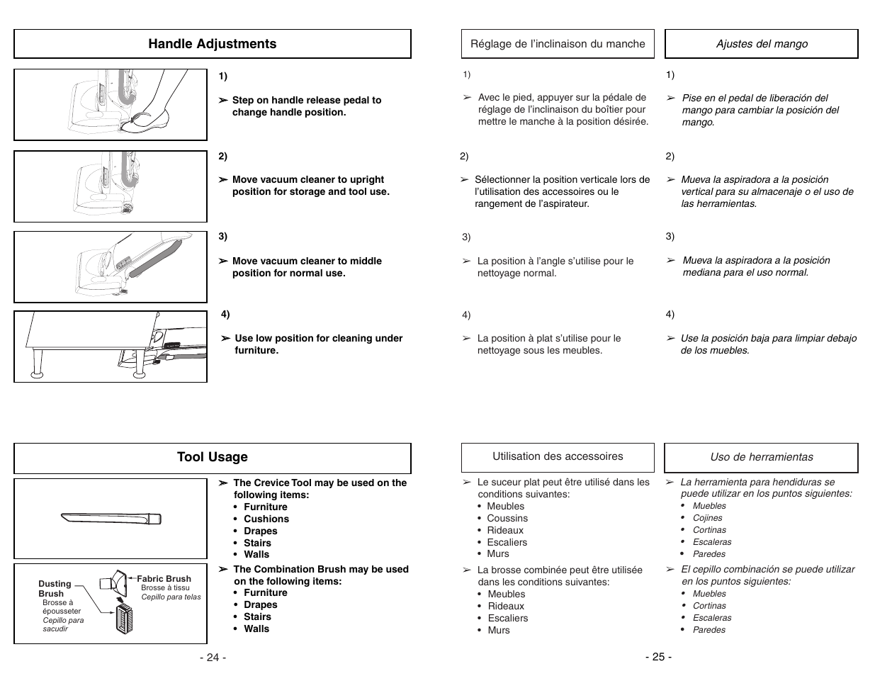 Handle adjustments, Tool usage | Panasonic MC-GG773 User Manual | Page 24 / 48
