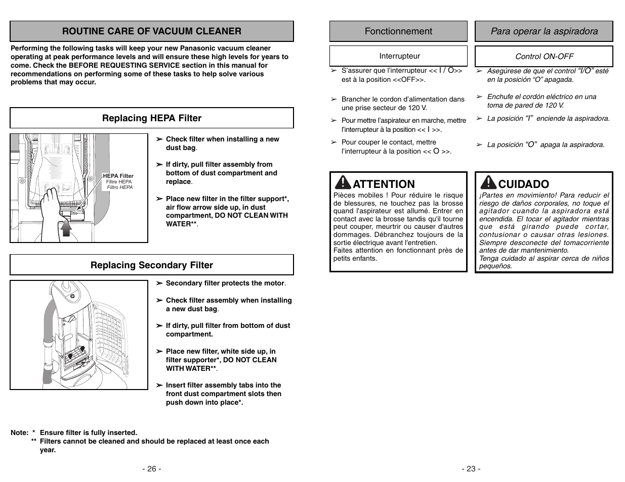 Routine care of vacuum cleaner, Replacing primary hepa filter, Replacing secondary filter | Attention, Cuidado | Panasonic MC-GG773 User Manual | Page 26 / 48