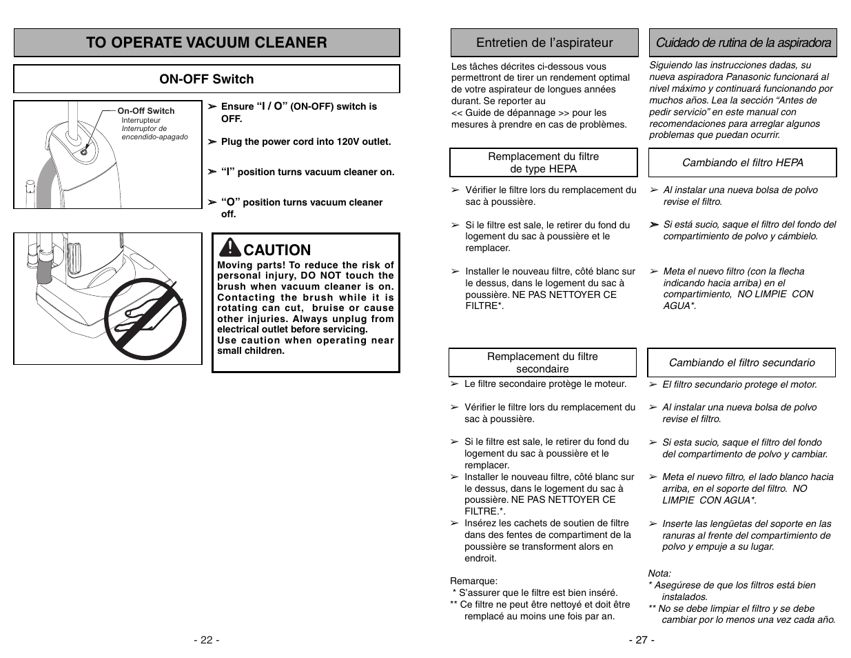 Entretien de l’aspirateur, Remplacement du filtre de type hepa, Remplacement du filtre secondaire | Cuidado de rutina de la aspiradora, Cambiando el filtro hepa, Cambiando el filtro secundario, Caution | Panasonic MC-GG773 User Manual | Page 27 / 48