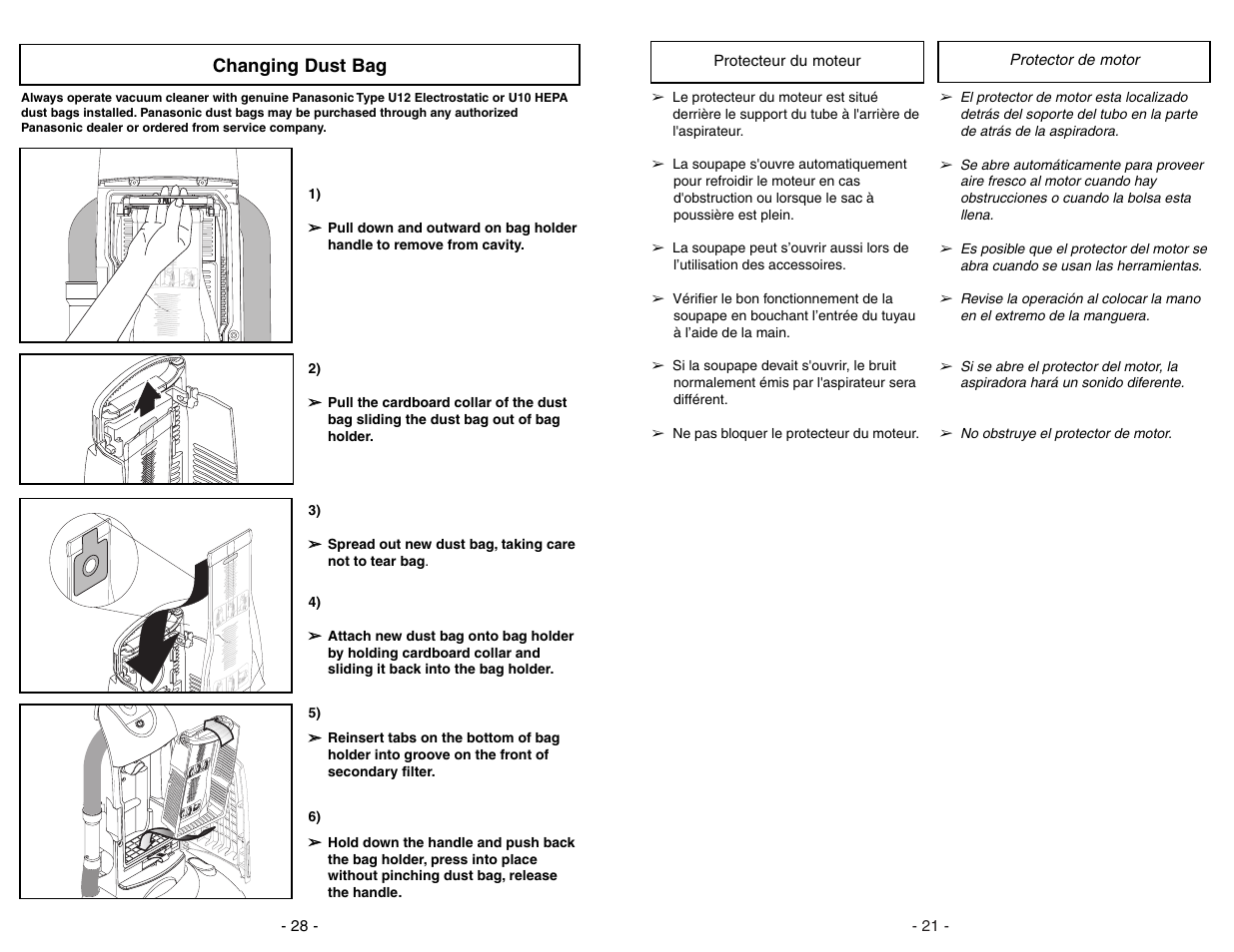 Changing dust bag | Panasonic MC-GG773 User Manual | Page 28 / 48