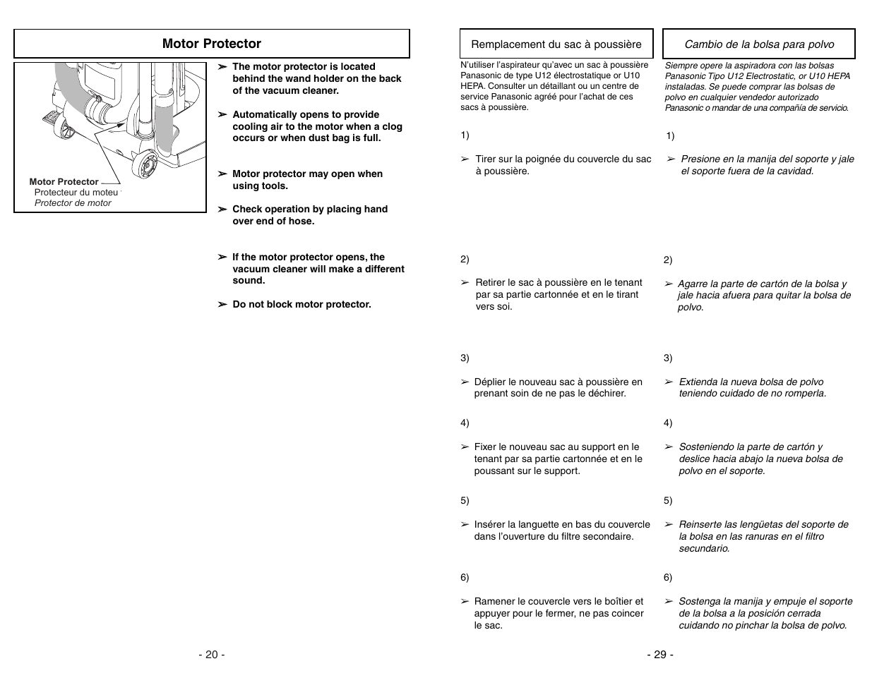 Remplacement du sac à poussière, Cambio de la bolsa para polvo, Motor protector | Panasonic MC-GG773 User Manual | Page 29 / 48