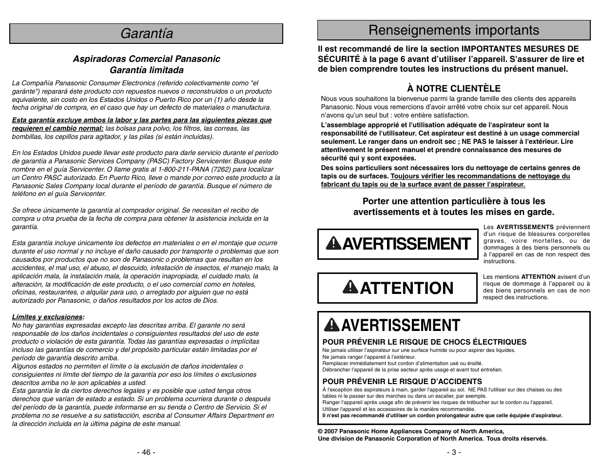 Renseignements importants, Avertissement, Attention | Garantía | Panasonic MC-GG773 User Manual | Page 3 / 48