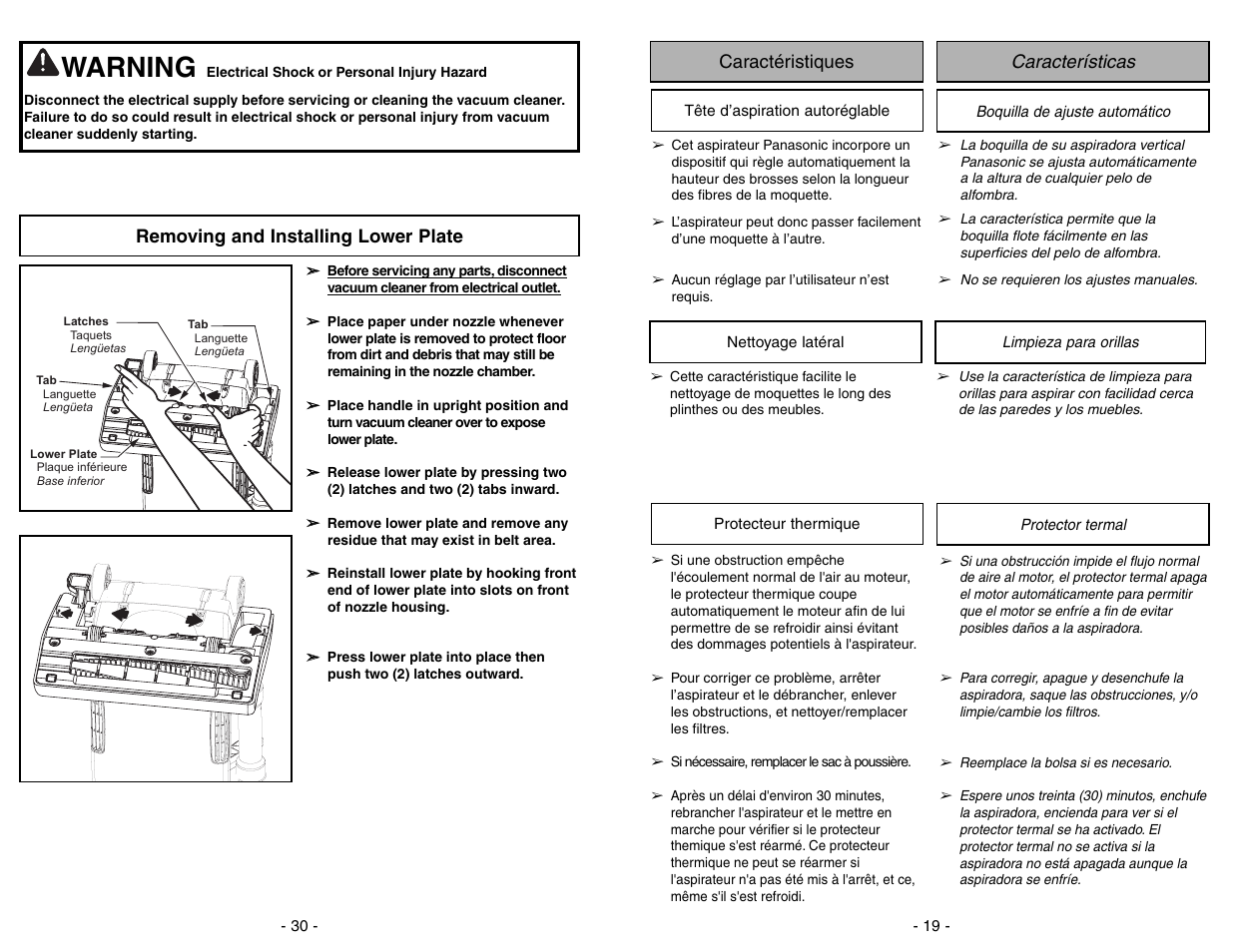 Removing and installing lower plate, Warning, Características caractéristiques | Panasonic MC-GG773 User Manual | Page 30 / 48