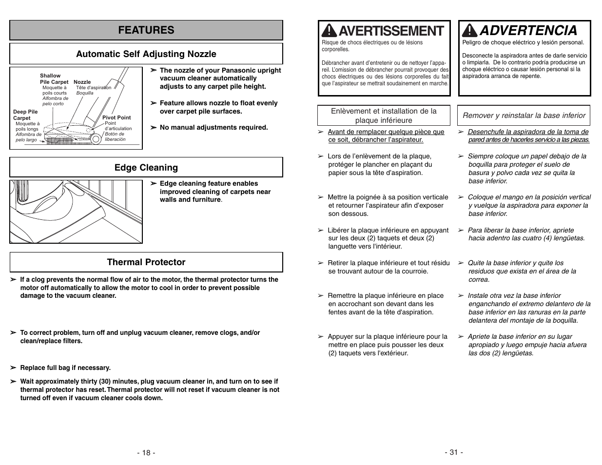 Enlèvement et installation de la plaque inférieure, Remover y reinstalar la base inferior, Advertencia | Avertissement, Features, Automatic self adjusting nozzle, Edge cleaning thermal protector | Panasonic MC-GG773 User Manual | Page 31 / 48