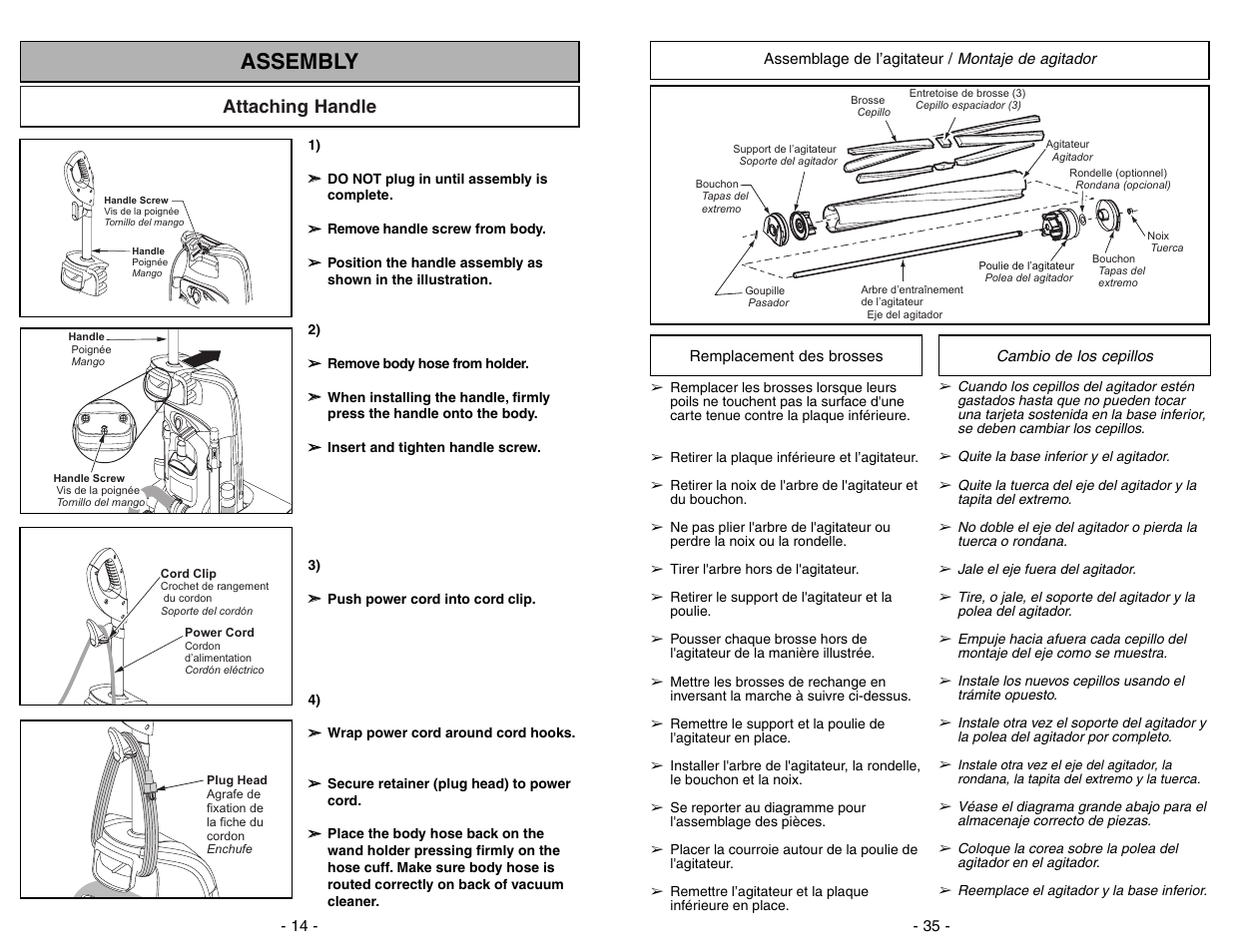 Assemblage de l’agitateur, Remplacement des brosses, Montaje del agitador | Cambio del agitador, Assembly, Attaching handle | Panasonic MC-GG773 User Manual | Page 35 / 48