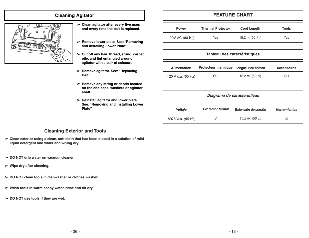 Cleaning agitator, Cleaning exterior and tools, Feature chart | Panasonic MC-GG773 User Manual | Page 36 / 48