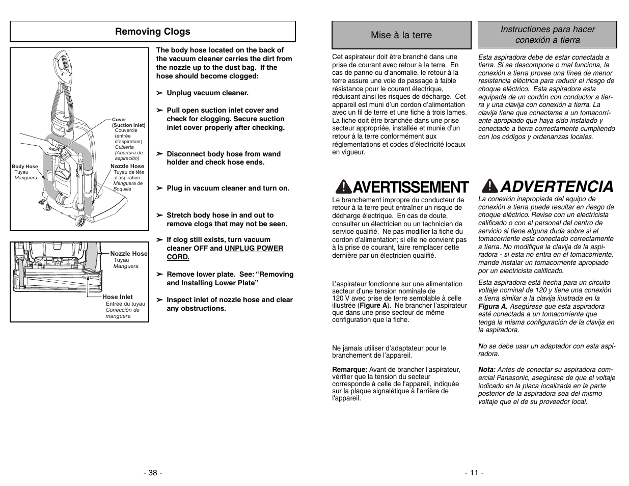 Removing clogs, Avertissement, Advertencia | Mise à la terre | Panasonic MC-GG773 User Manual | Page 38 / 48
