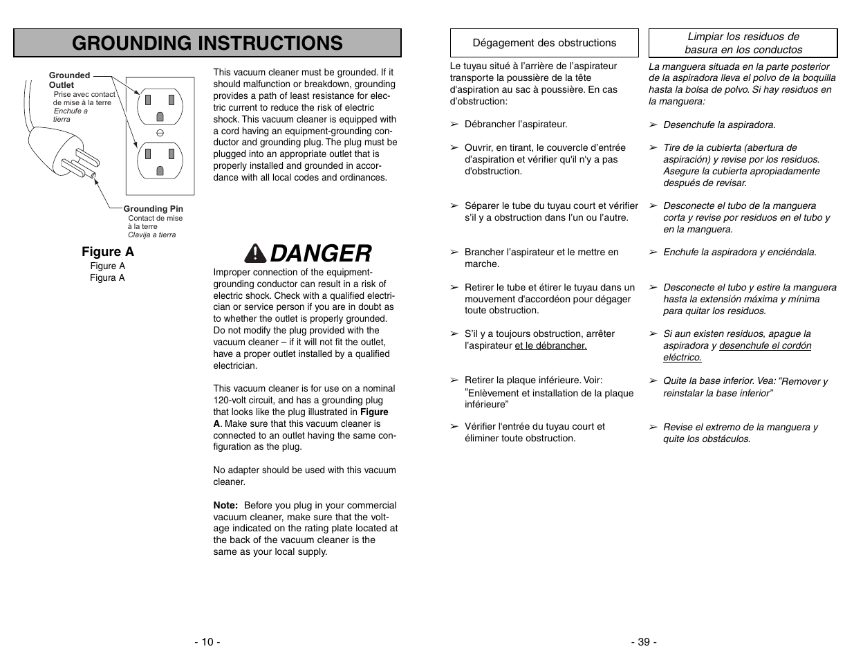 Dégagement des obstructions, Limpiar los residuos de basura en los conductos, Danger | Grounding instructions | Panasonic MC-GG773 User Manual | Page 39 / 48