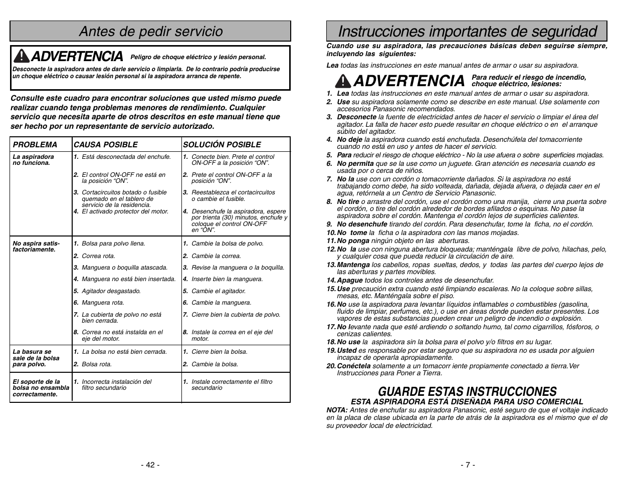 Antes de pedir servicio, Instrucciones importantes de seguridad, Advertencia | Guarde estas instrucciones | Panasonic MC-GG773 User Manual | Page 42 / 48