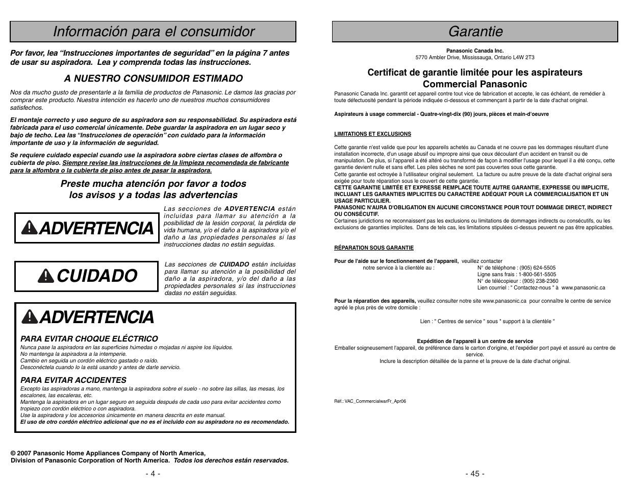 Garantie, Advertencia, Cuidado | Información para el consumidor | Panasonic MC-GG773 User Manual | Page 45 / 48