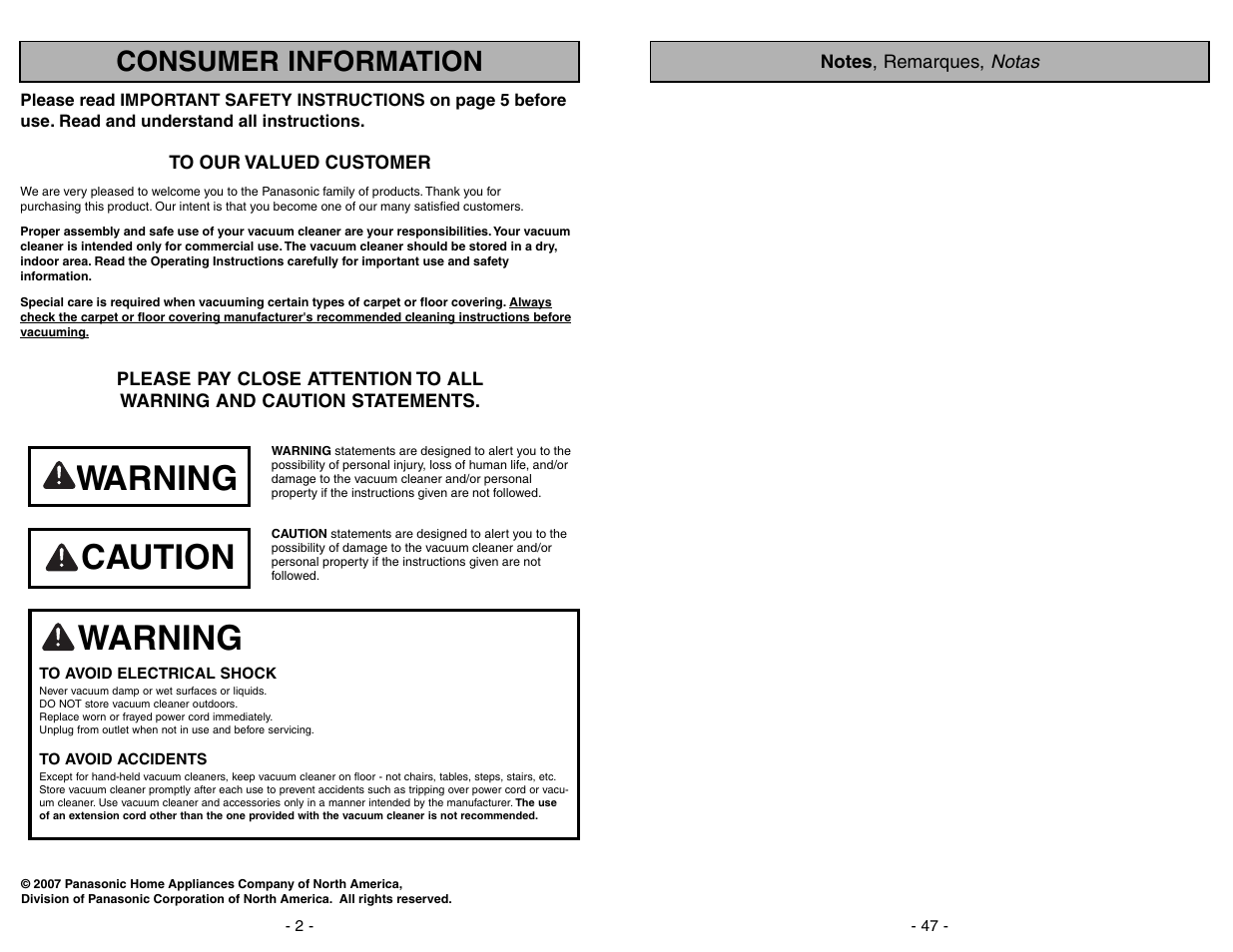 Warning, Caution, Consumer information | Panasonic MC-GG773 User Manual | Page 47 / 48