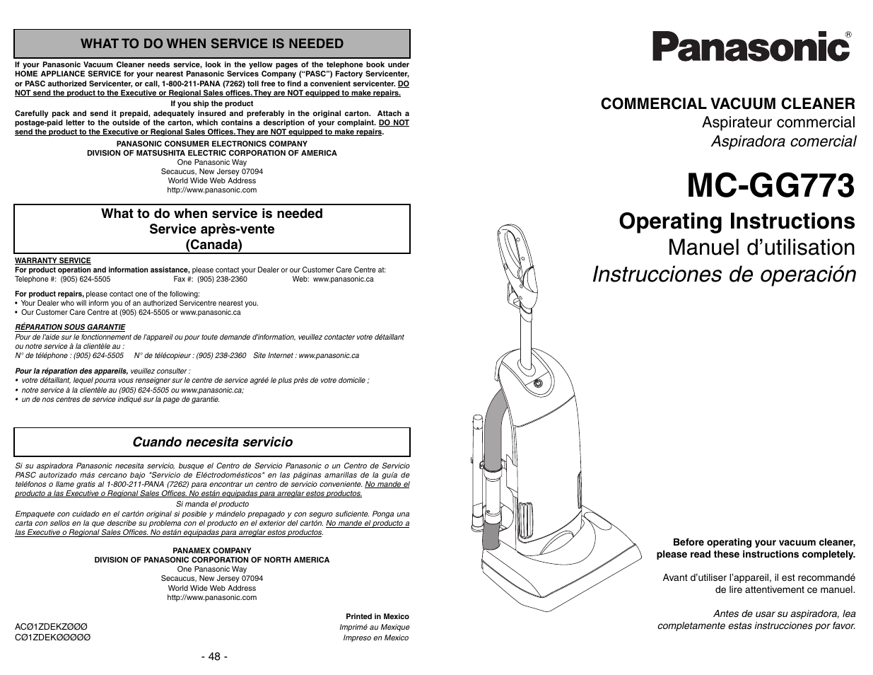 What to do when service is needed, Service après-vente, Cuando necesita servicio | Mc-gg773, Aspiradora comercial, Commercial vacuum cleaner aspirateur commercial | Panasonic MC-GG773 User Manual | Page 48 / 48