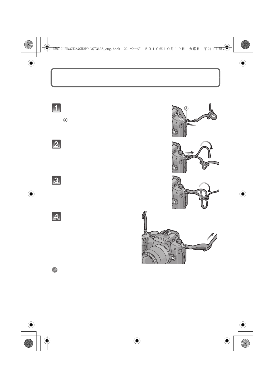 Attaching the shoulder strap | Panasonic DMC-GH2 User Manual | Page 22 / 208