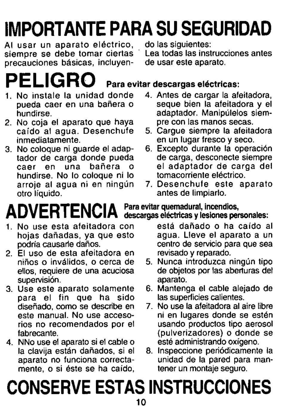 Peligro, Importante para su seguridad, Advertencia | Conserve estas instrucciones | Panasonic WET/DRY RECHARGEABLE SHAVER ES4012 User Manual | Page 10 / 16