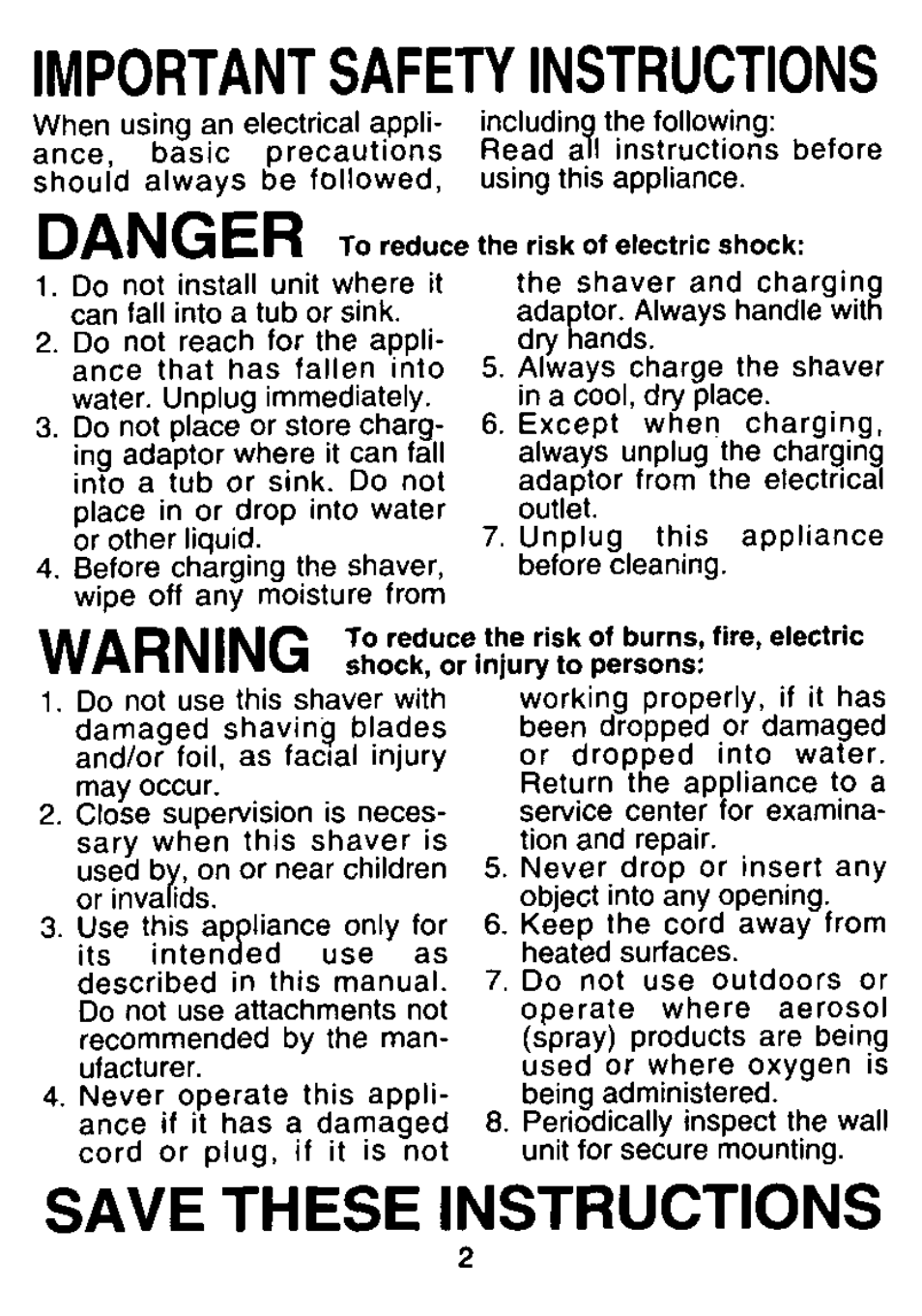 Danger, Warning, Save these instructions | Important safety instructions | Panasonic WET/DRY RECHARGEABLE SHAVER ES4012 User Manual | Page 2 / 16
