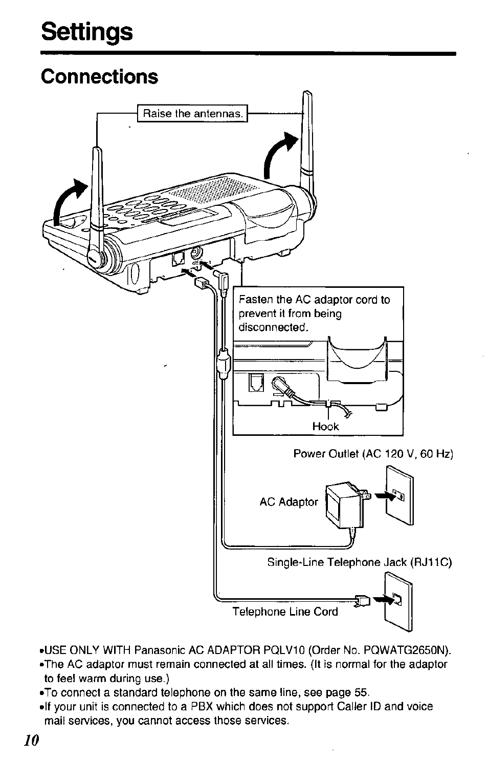 Settings connections | Panasonic KX-TG2650N User Manual | Page 10 / 68