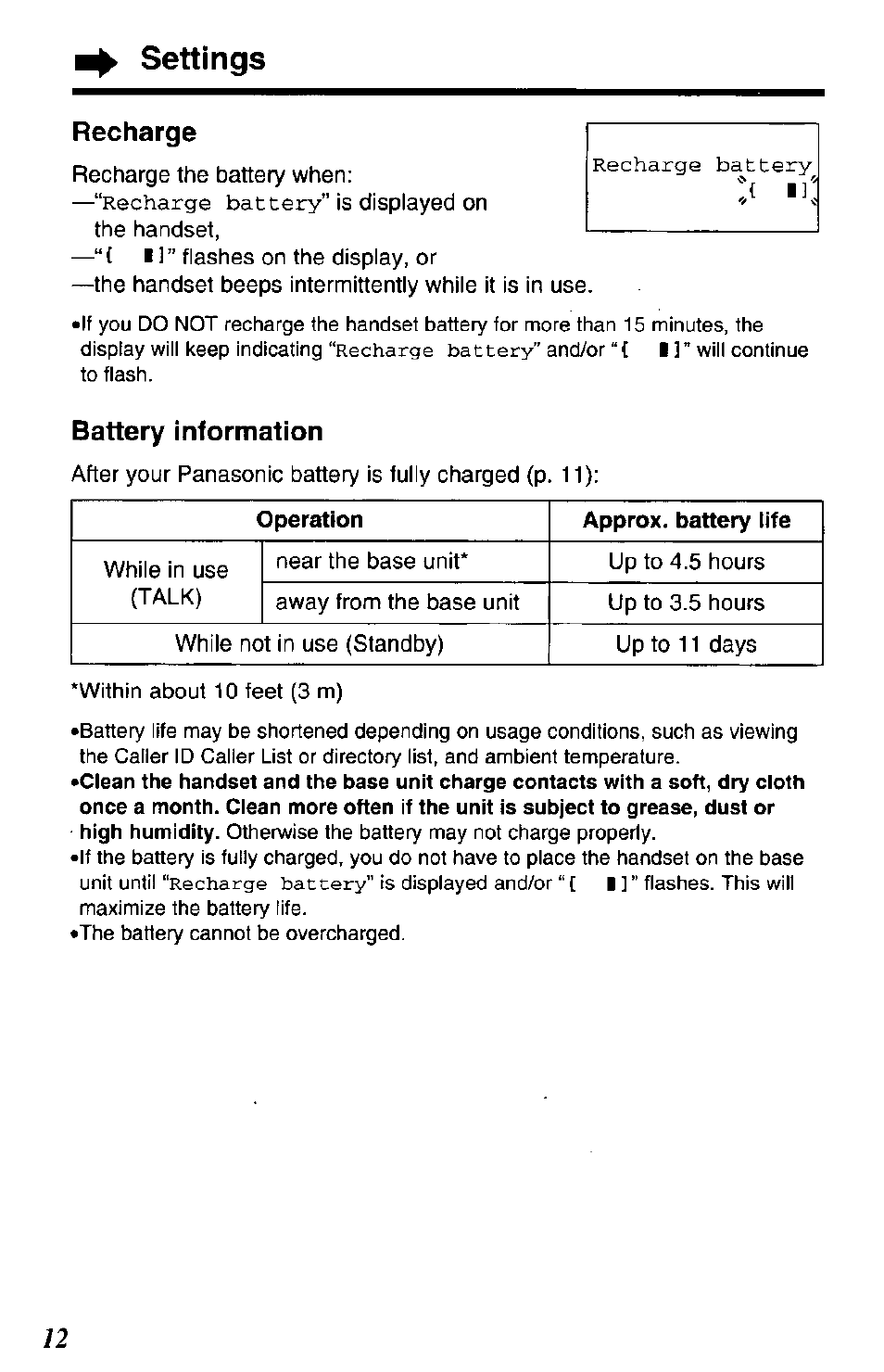 Recharge, Battery information, Recharge battery | Settings | Panasonic KX-TG2650N User Manual | Page 12 / 68