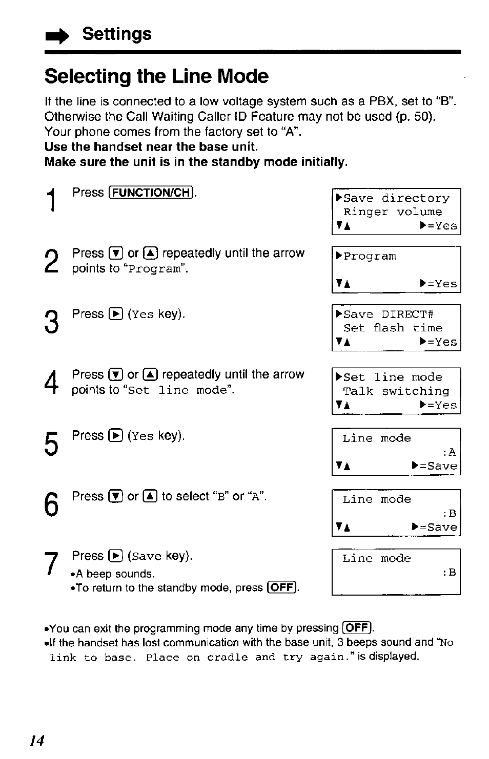 Press 0 (yes key), Press © or 0 to select “b” or “a, Press 0 (save key) | Selecting the line mode | Panasonic KX-TG2650N User Manual | Page 14 / 68