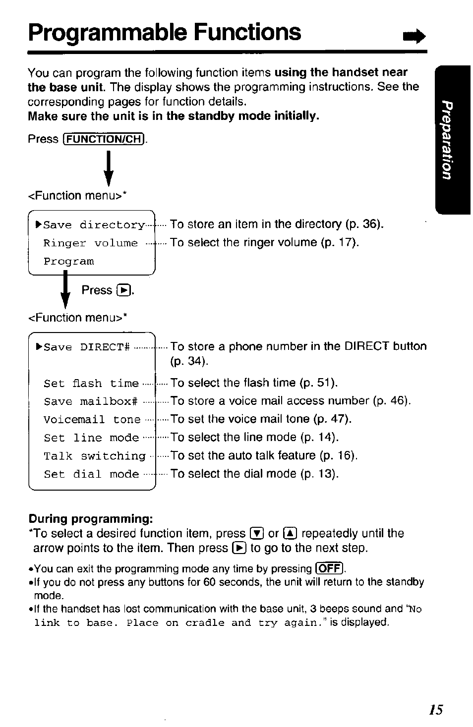 During programming, Programmable functions, Save directory- ringer volume ■ program | Panasonic KX-TG2650N User Manual | Page 15 / 68