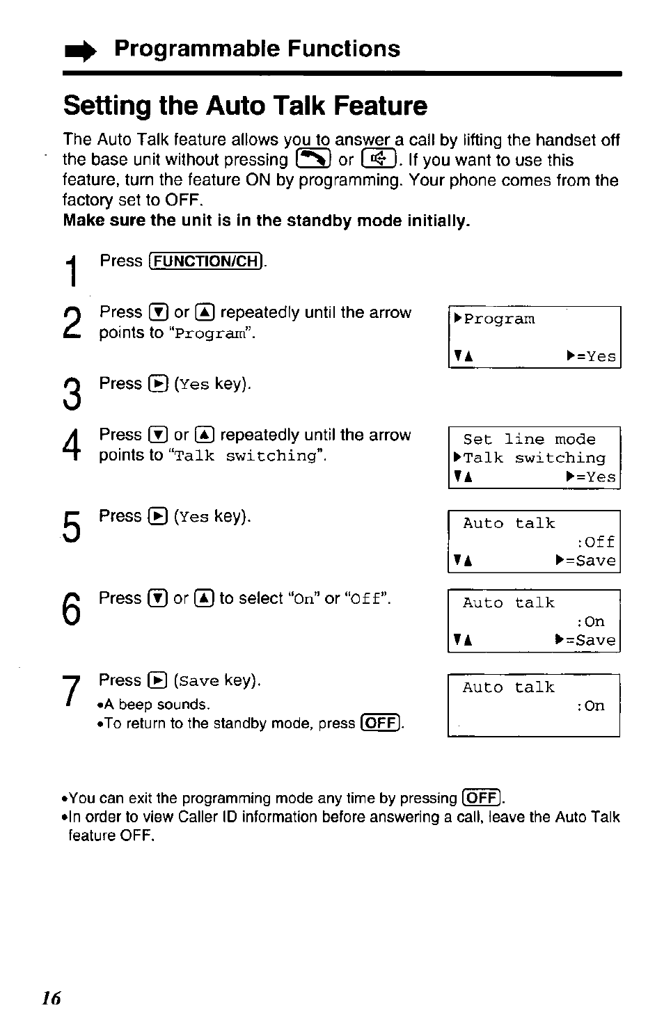 Setting the auto talk feature | Panasonic KX-TG2650N User Manual | Page 16 / 68