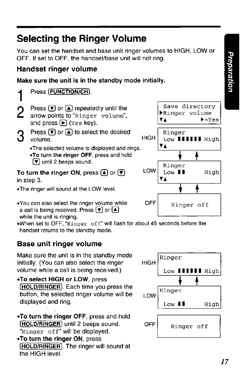 Handset ringer volume, Press ifunction/chi, Base unit ringer volume | Selecting the ringer volume, Ringer volume, Save directory ► ringer volume, Ringer low 111 ta high, Ringer low 11 high ta if 1 ringer off, Ringer off | Panasonic KX-TG2650N User Manual | Page 17 / 68