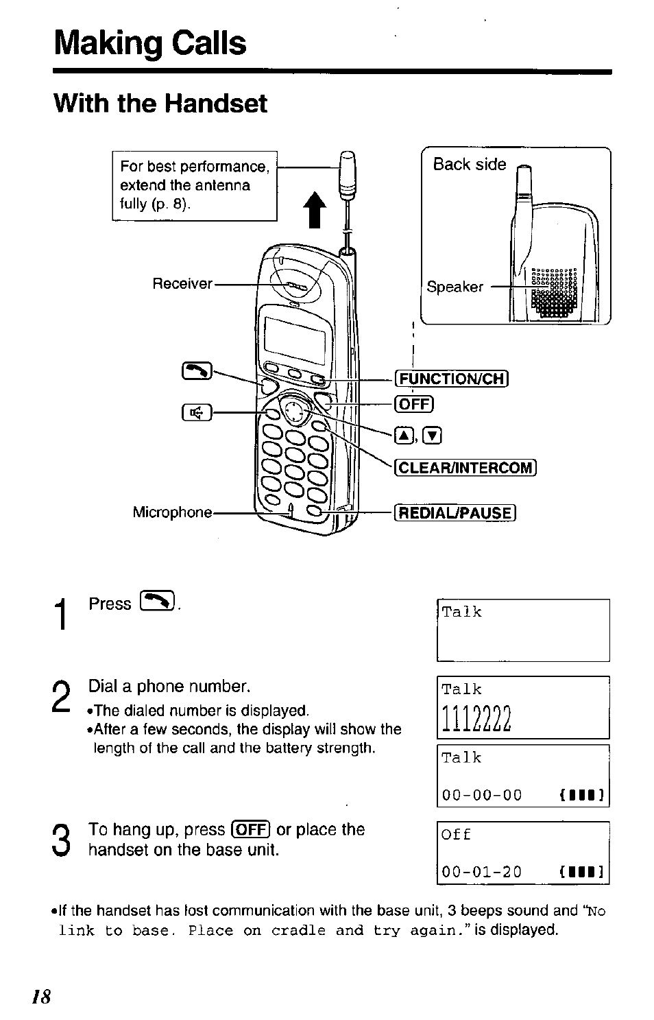 Making calls with the handset, Link to base. place on cradle and try again | Panasonic KX-TG2650N User Manual | Page 18 / 68