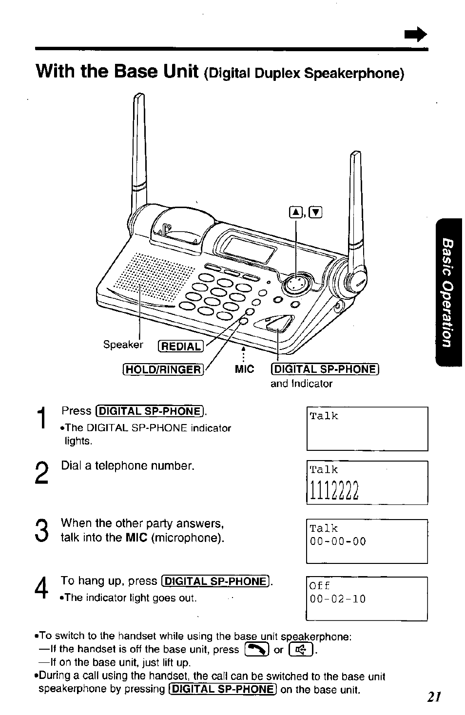 With the base unit (digital duplex speakerphone), Dial a telephone number, With the base unit | Panasonic KX-TG2650N User Manual | Page 21 / 68