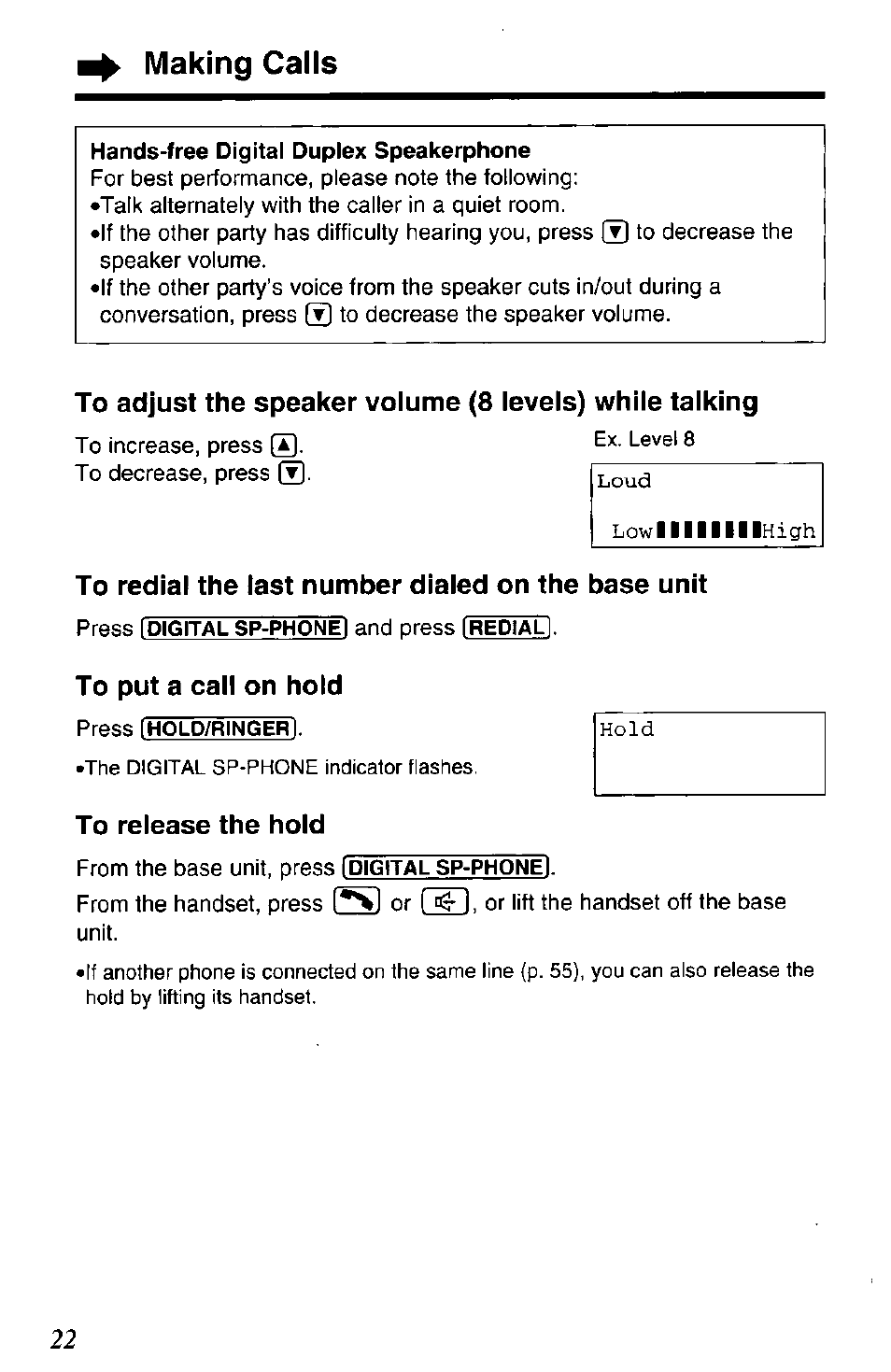 Hands-free digital duplex speakerphone, To redial the last number dialed on the base unit, To put a call on hold | To release the hold, Making calls | Panasonic KX-TG2650N User Manual | Page 22 / 68