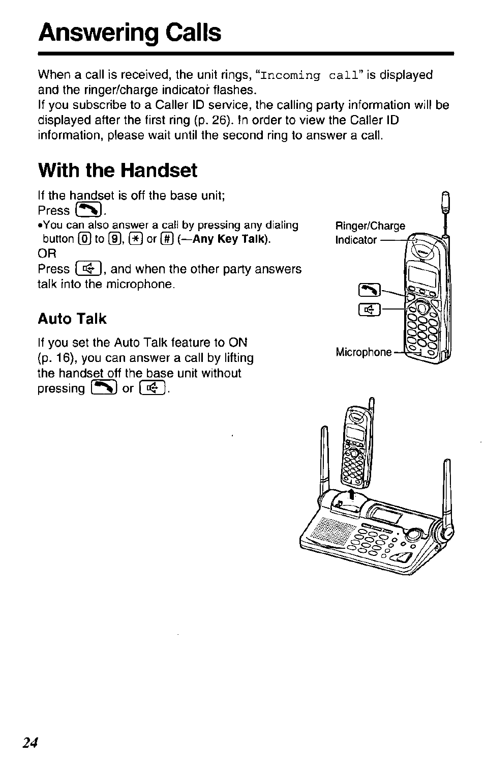 Auto talk, Answering calls, With the handset | Incoming call | Panasonic KX-TG2650N User Manual | Page 24 / 68