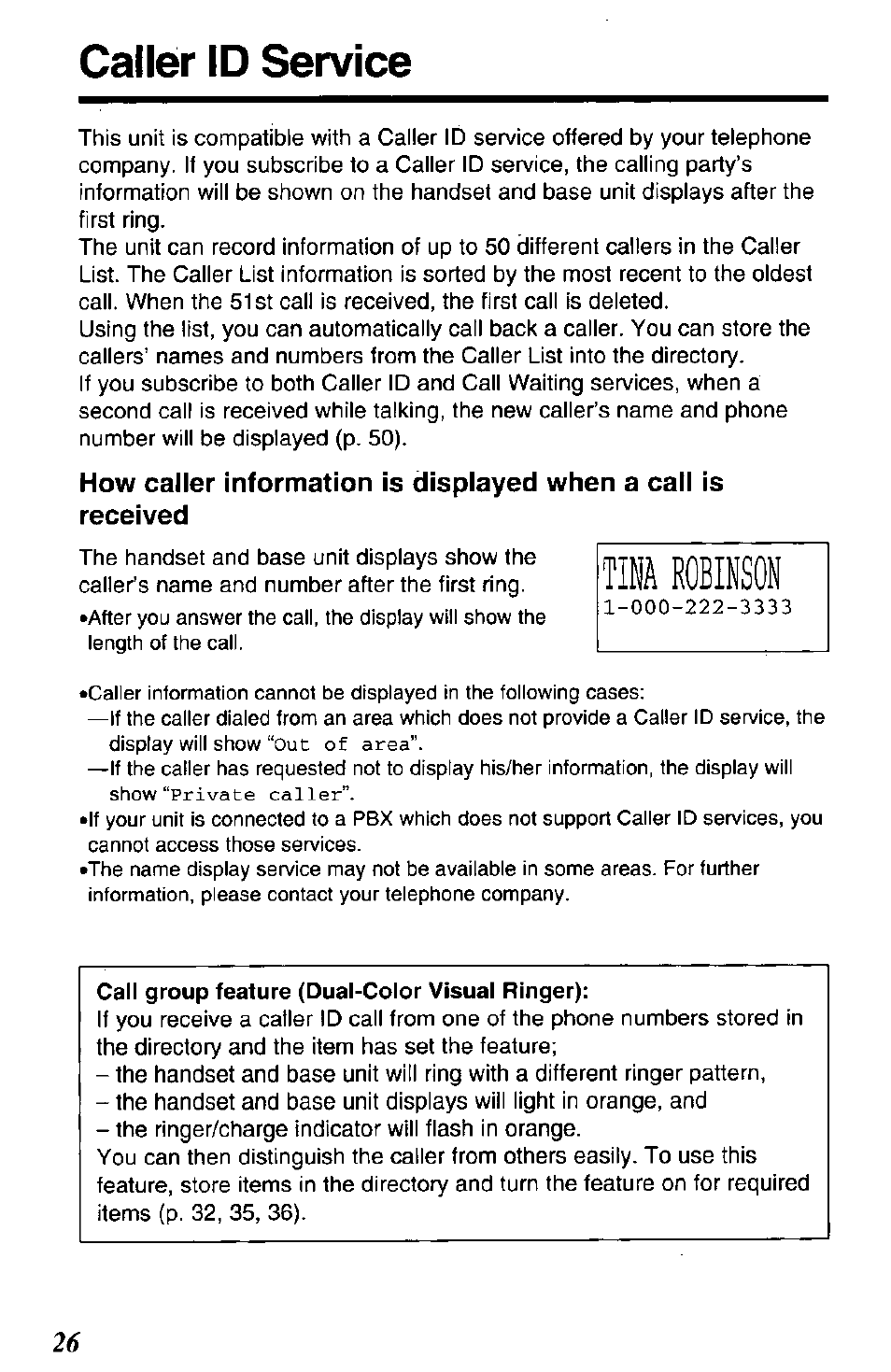 Call group feature (dual-color visual ringer), Tina robinson, Caller id service | Out of area | Panasonic KX-TG2650N User Manual | Page 26 / 68