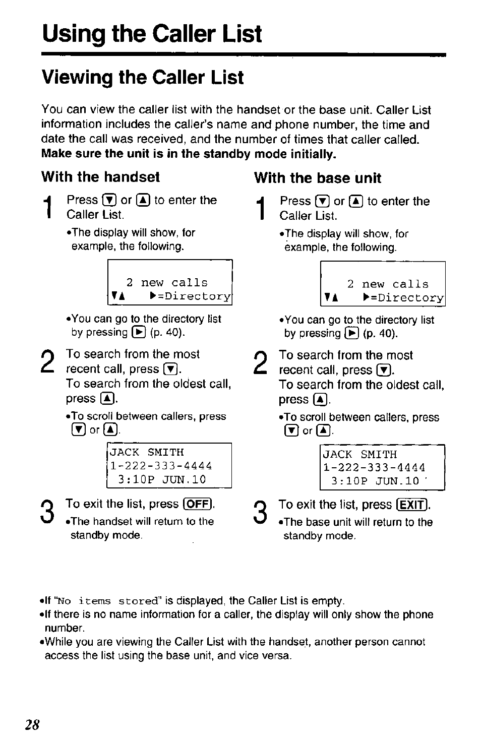 Using the caller list viewing the caller list | Panasonic KX-TG2650N User Manual | Page 28 / 68