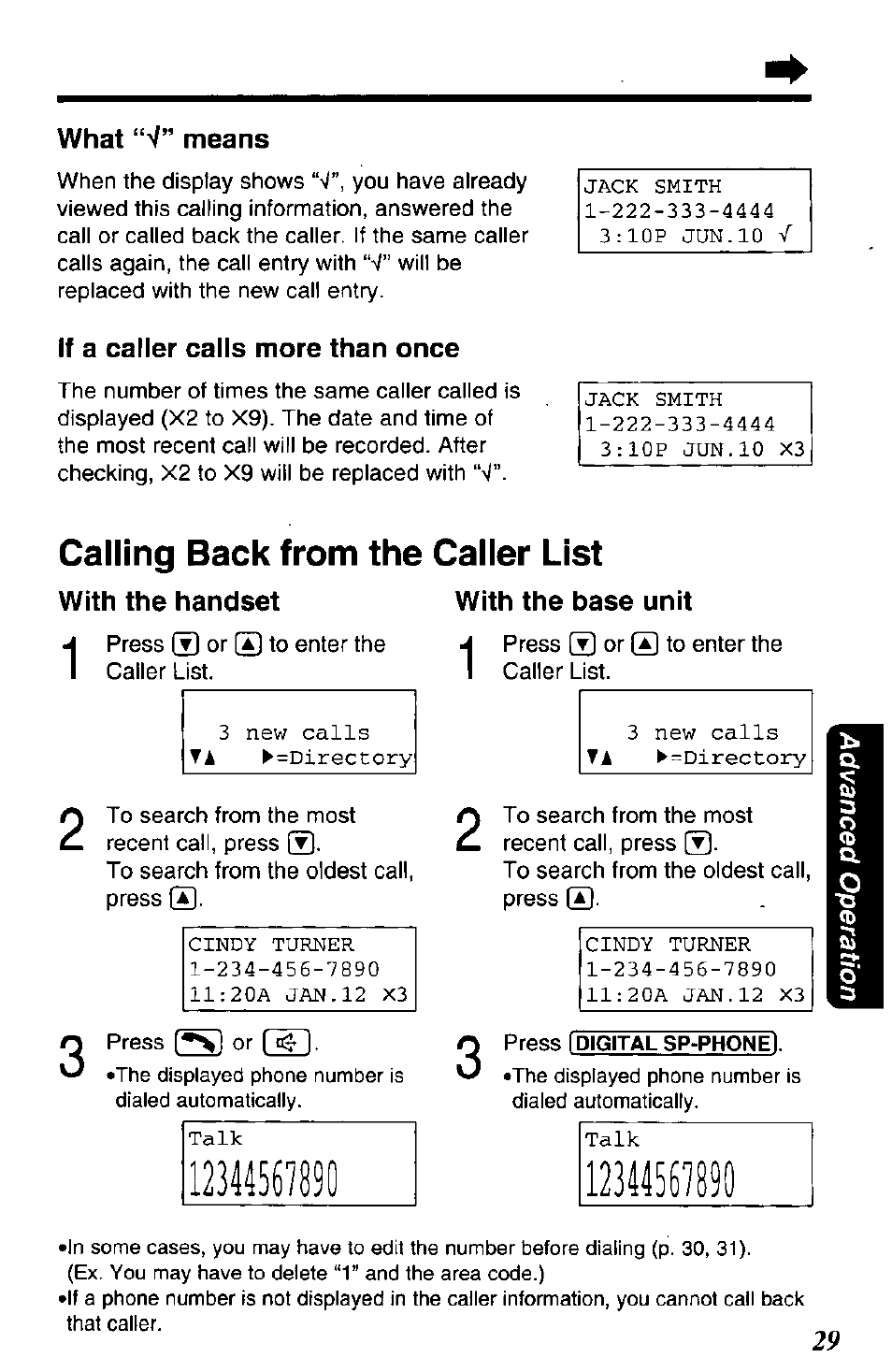 What “v” means, If a caller calls more than once, With the handset | With the base unit, Calling back from the caller list | Panasonic KX-TG2650N User Manual | Page 29 / 68