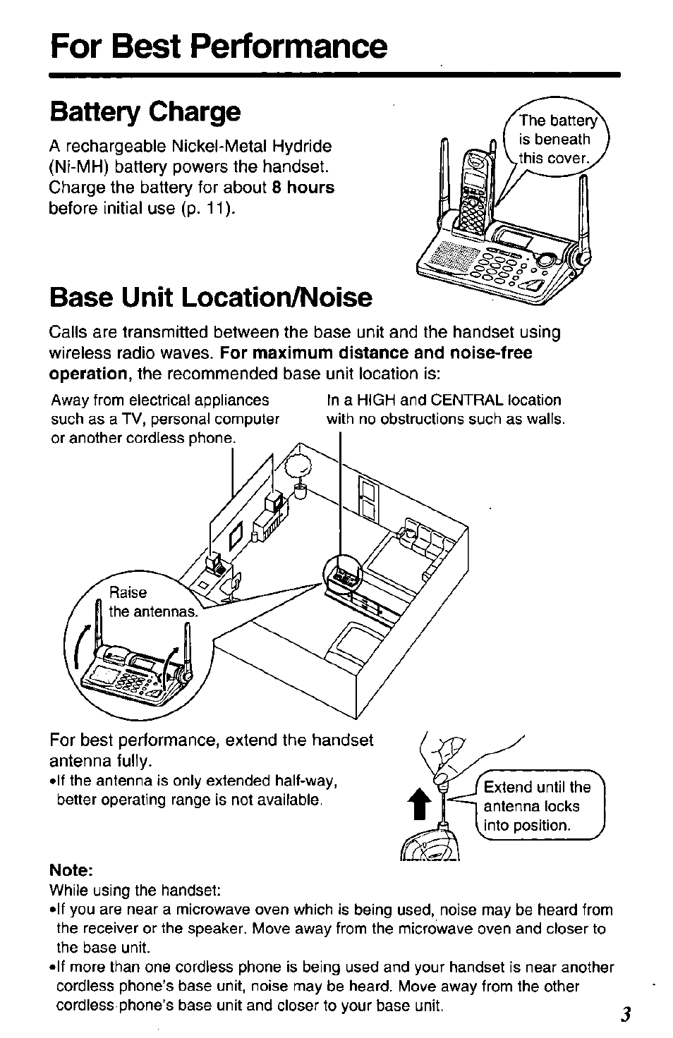 Note, For best performance battery charge, Base unit location/noise | Panasonic KX-TG2650N User Manual | Page 3 / 68