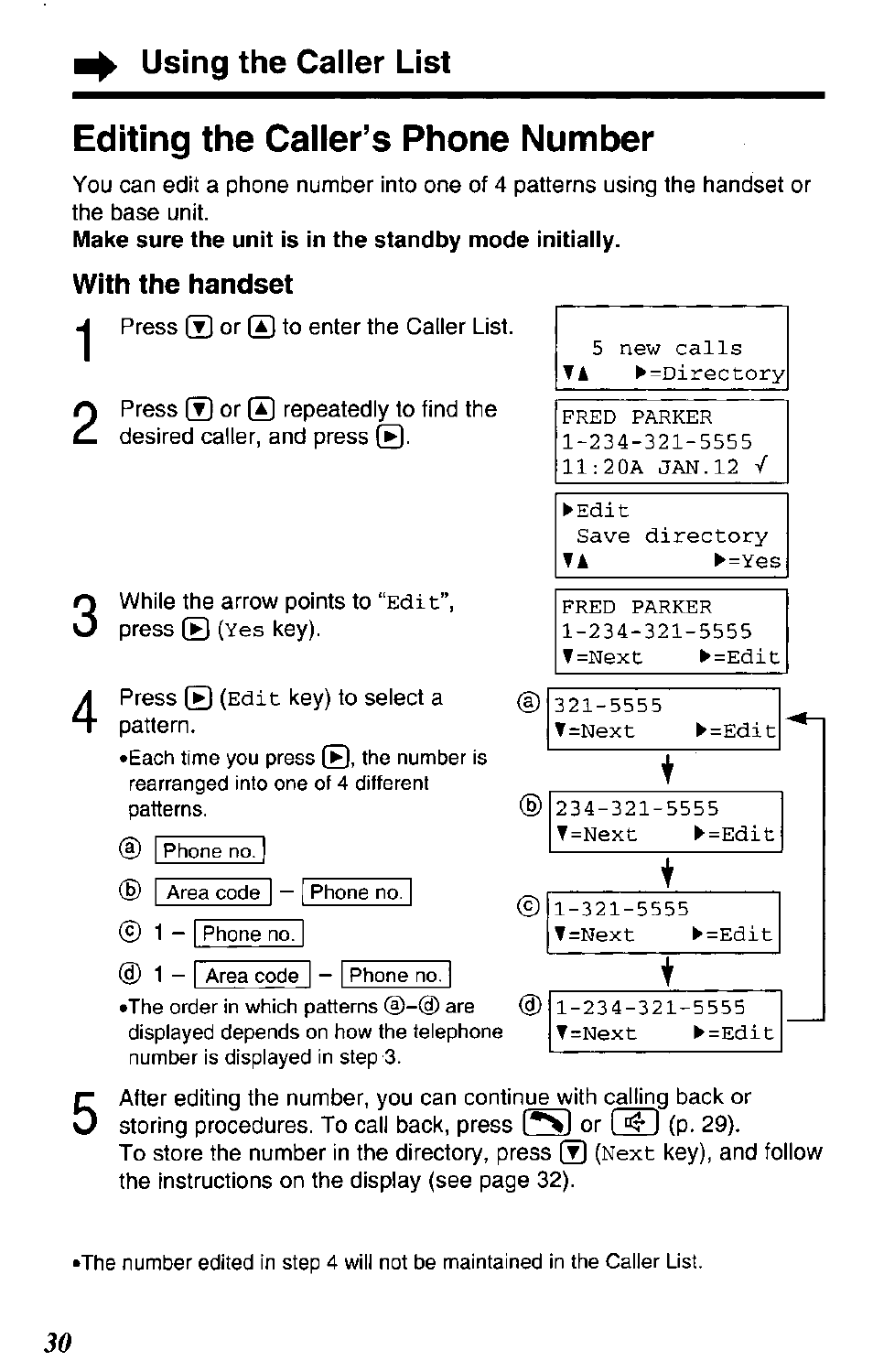 With the handset, With the base unit, Editing the caller’s phone number | Using the caller list | Panasonic KX-TG2650N User Manual | Page 30 / 68