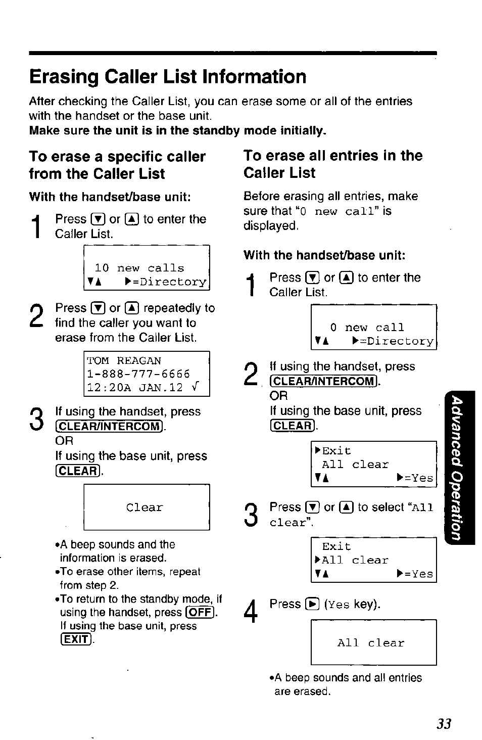 To erase all entries in the caller list, With the handset/base unit, Erasing caller list information | 10 new calls ta ► =directory, New call, 0 new call ▼ a ► ^directory, Exit all clear ta ^=¥05, Clear”. exit ► all clear ta ► =yes | Panasonic KX-TG2650N User Manual | Page 33 / 68
