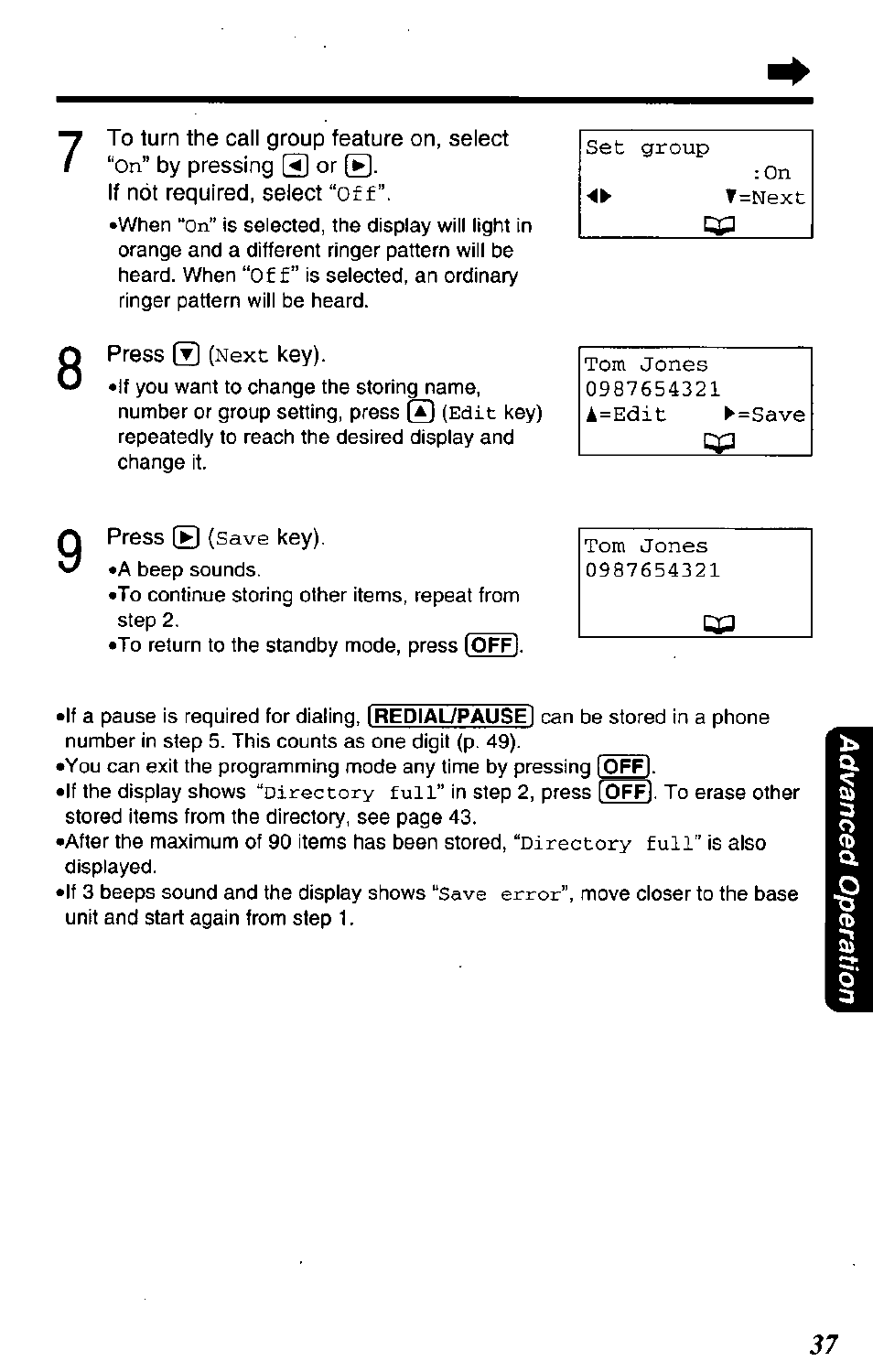To turn the call group feature on, select, On” by pressing 0 or b, If not required, select “off | Press ® (next key), Press (►) (save key), Next, Save, Directory full, Save error | Panasonic KX-TG2650N User Manual | Page 37 / 68