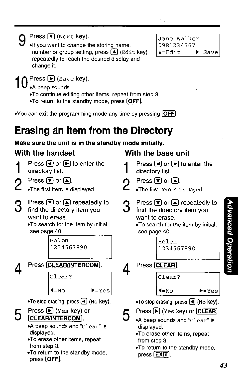 With the handset, With the base unit, Next | Save, Erasing an item from the directory, Clear, Clear? ◄ =no ► =yes 4=no ► =yes | Panasonic KX-TG2650N User Manual | Page 43 / 68