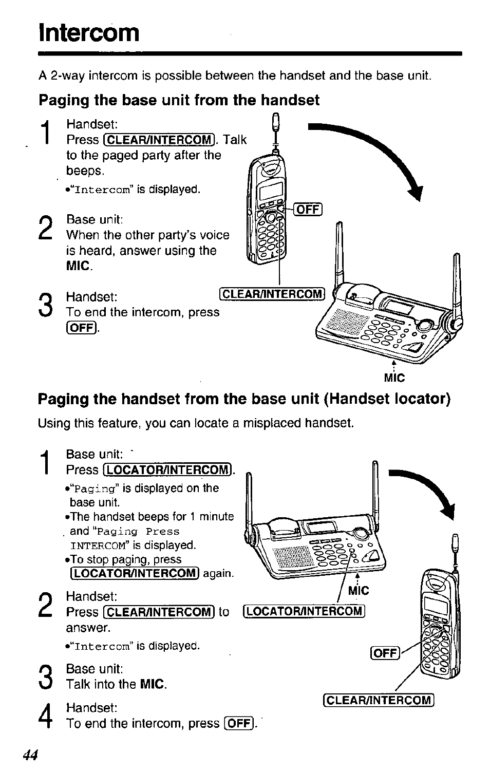 Paging the base unit from the handset, Intercom | Panasonic KX-TG2650N User Manual | Page 44 / 68