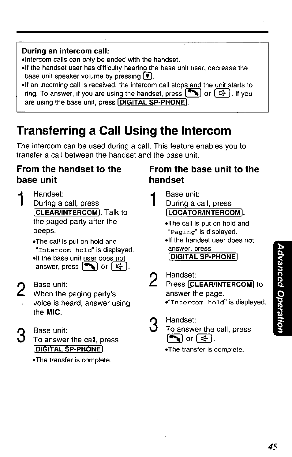 During an intercom call, From the handset to the base unit, Digital sp-phonel | From the base unit to the handset, Transferring a call using the intercom, Intercom hold, Si or | Panasonic KX-TG2650N User Manual | Page 45 / 68