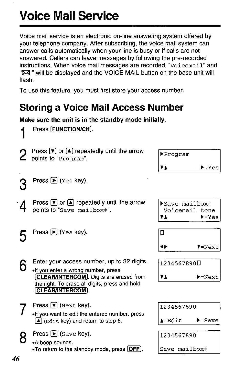 Voice mail service, Storing a voice mail access number | Panasonic KX-TG2650N User Manual | Page 46 / 68