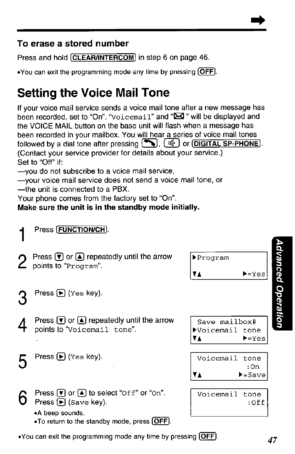 To erase a stored number, Setting the voice maii tone | Panasonic KX-TG2650N User Manual | Page 47 / 68