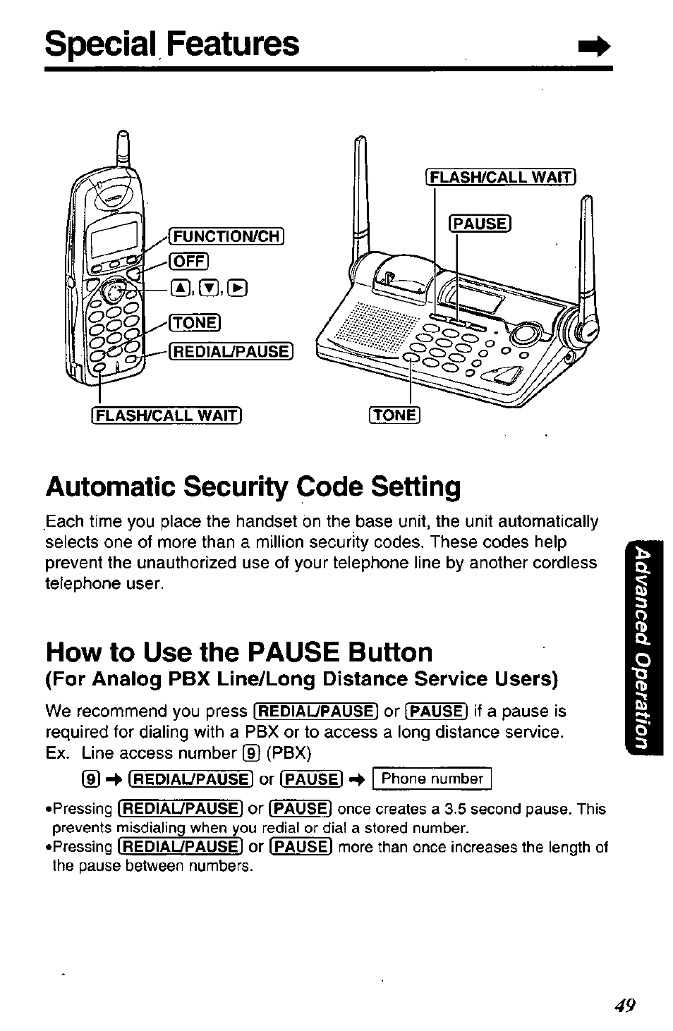 For analog pbx line/long distance service users), Special features, Automatic security code setting | How to use the pause button | Panasonic KX-TG2650N User Manual | Page 49 / 68